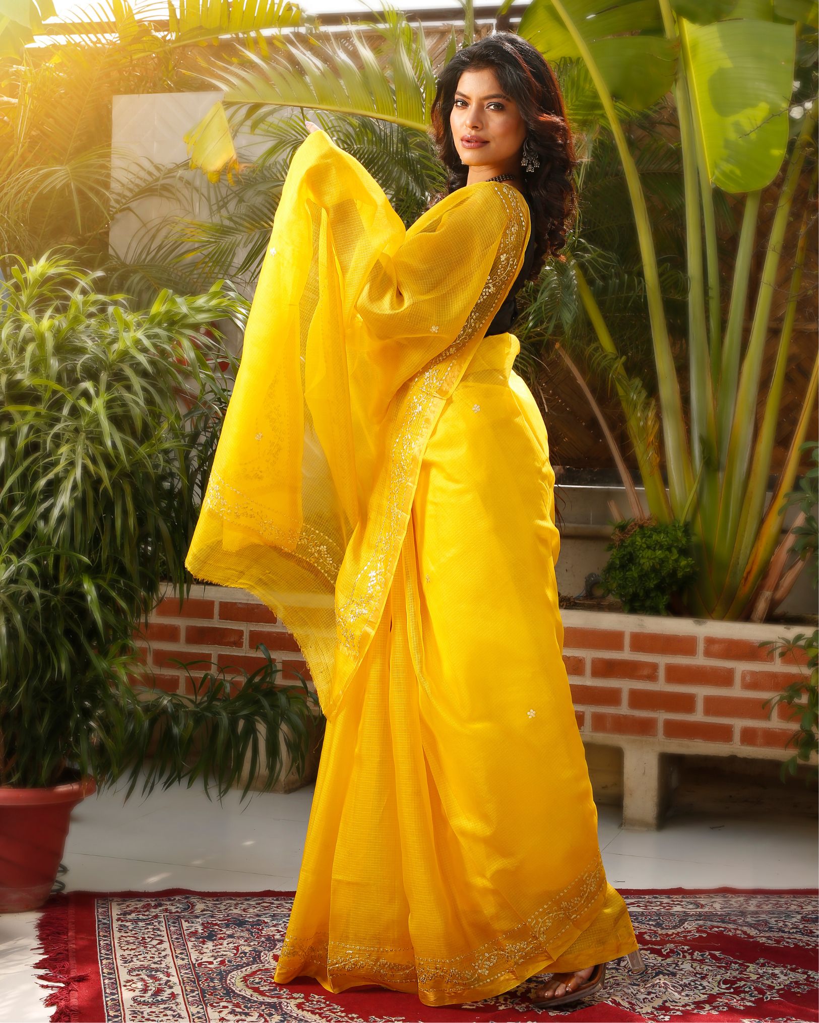 Ziyorah| Pure Silk Kota Doria Saree Banana Yellow Color Allover Hand Pitta Work With Running Blouse