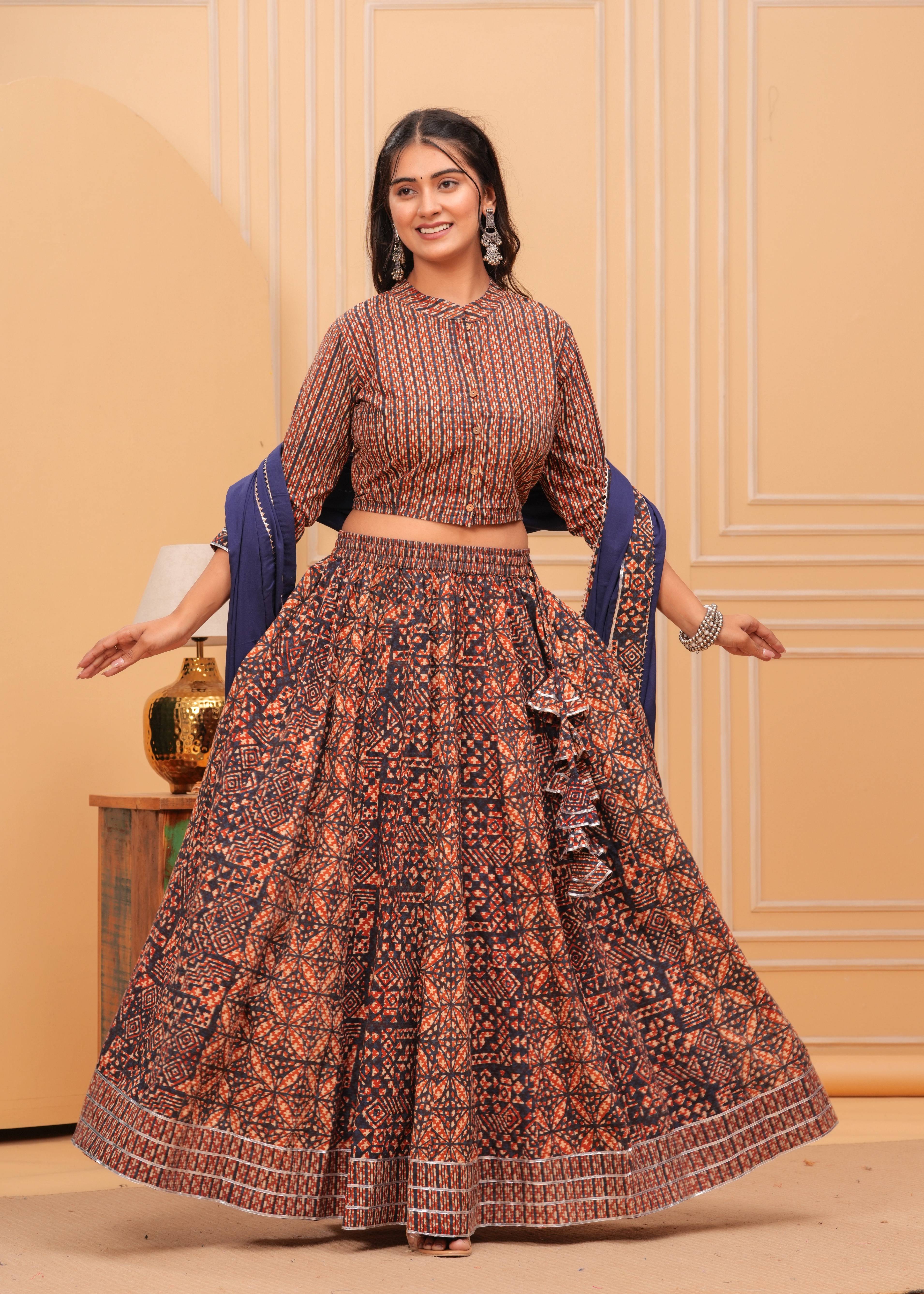 Ziyorah | Blockprinted Brown & Blue Lehanga Choli Set