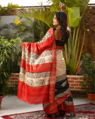 Ziyorah| Silkmark Certified Tussar Silk Saree Cream Color Handloom Handblock Printed With Blouse