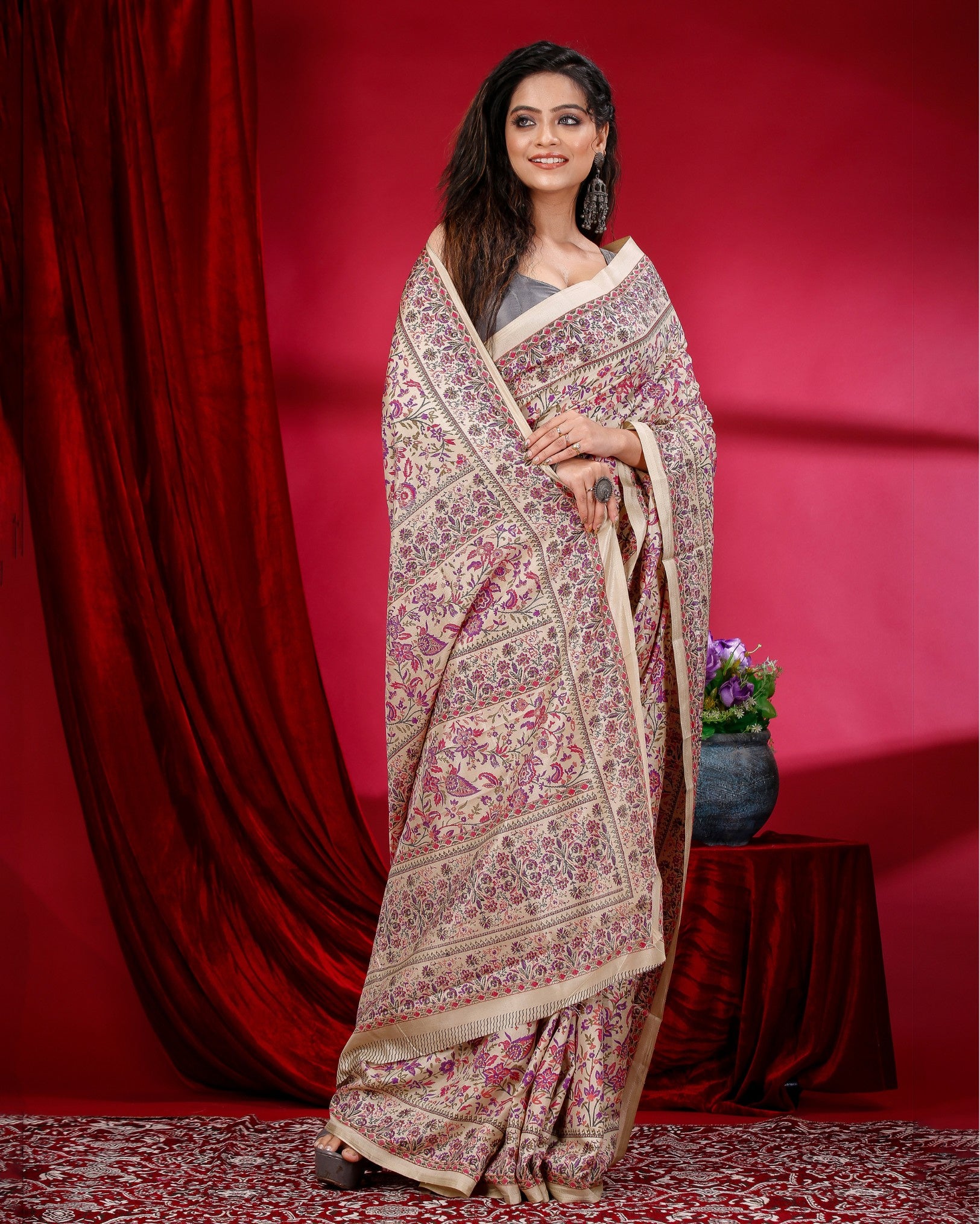 Ziyorah | Kashmiri Silk Beige & Pink Printed Saree