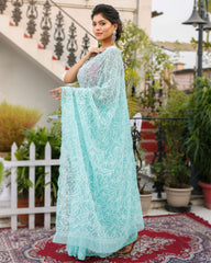 Ziyorah| Georgette Handcrafted Saree Light Blue Color Tepchi Work With Running Blouse