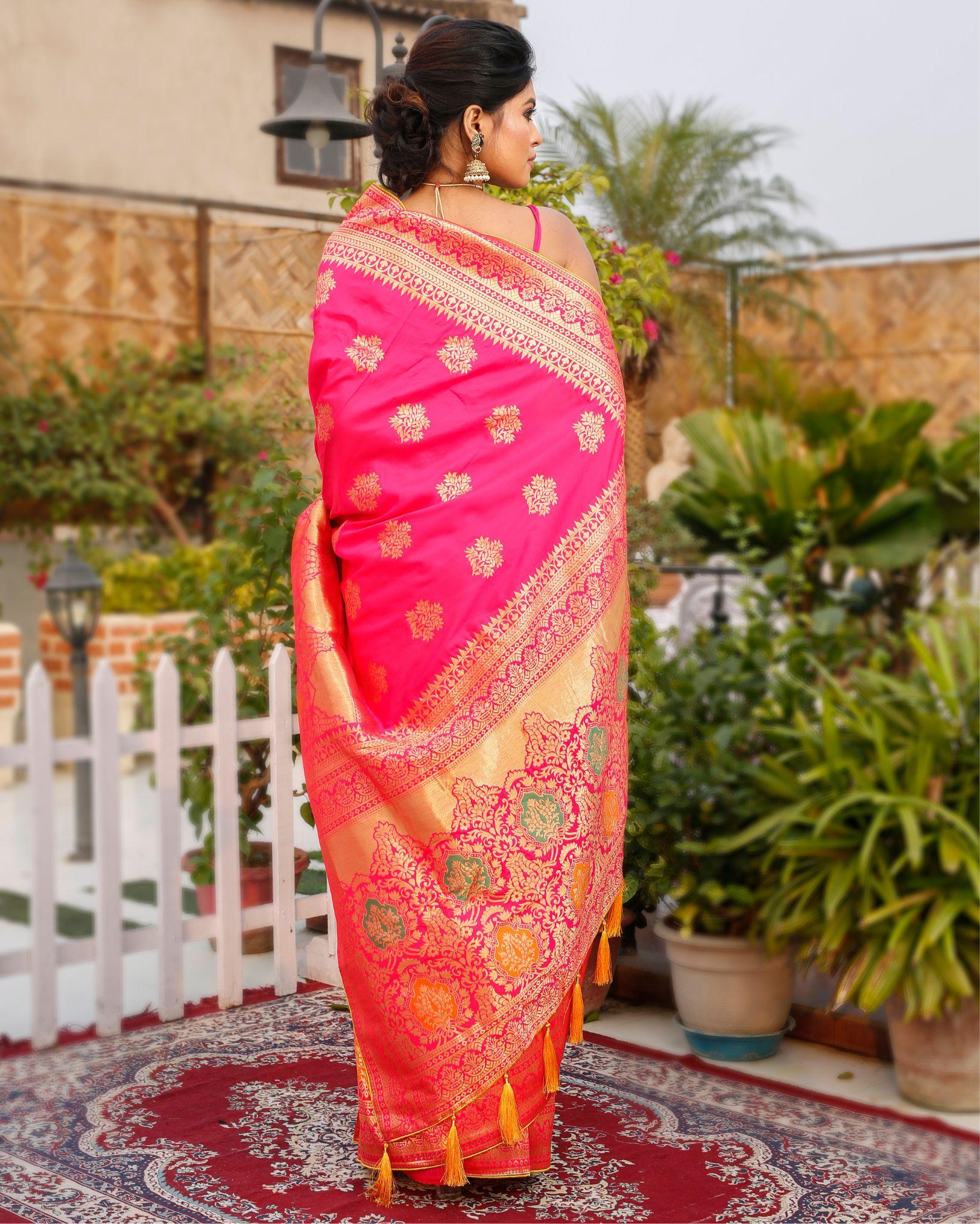 Ziyorah| Banarasi Silk Saree Dark Pink Color With Contrast Pallu And Blouse