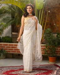 Ziyorah| Pure Cotton Kota Doria Saree Off White Color Jaal Embroidery With Running Blouse