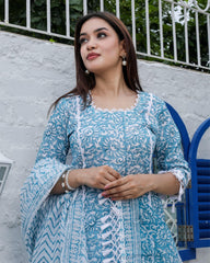 Ziyorah| Kota Doria Blue Suit Handblock Printed 3/4Th Sleeve