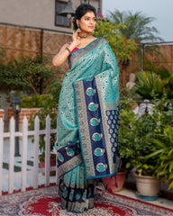 Ziyorah| Banarasi Silk Saree Cyan Blue Color With Navy Blue Pallu And Blouse