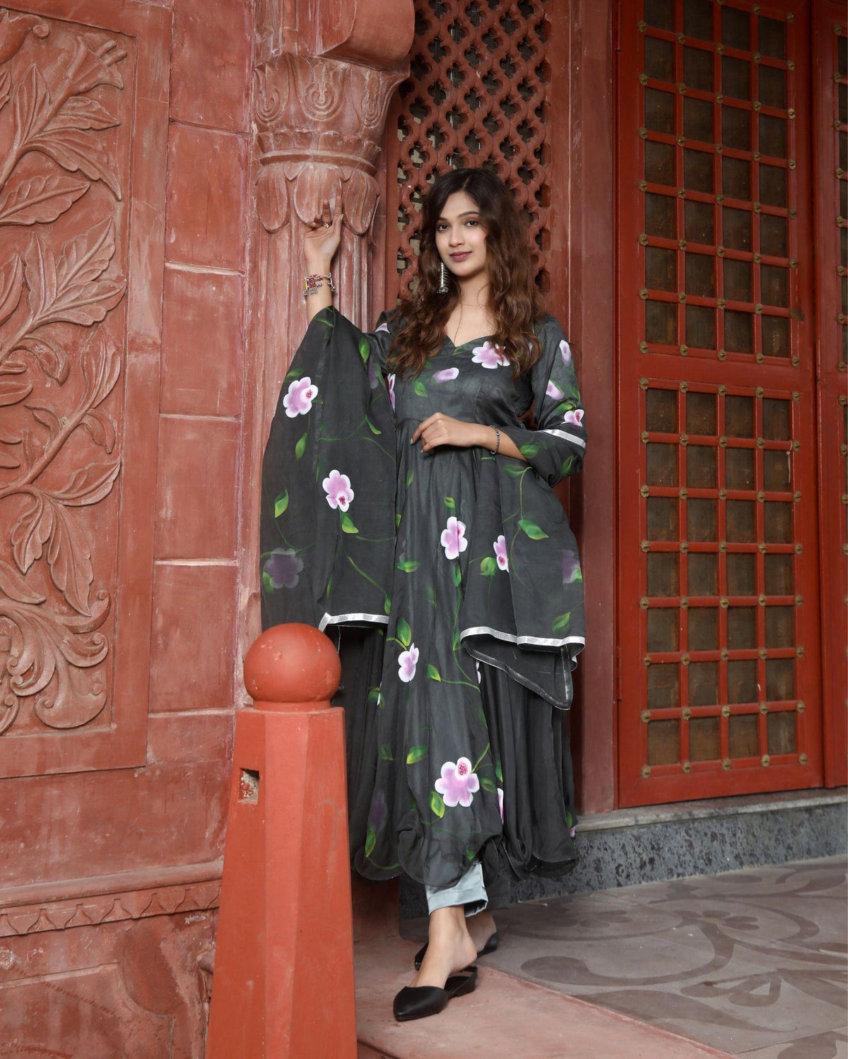 Ziyorah| Organza Black Suit Hand Painted Three Quarter Length Sleeve