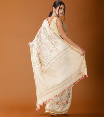 Ziyorah| Silk Linen Embroidered Handloom Off White Saree With Blouse