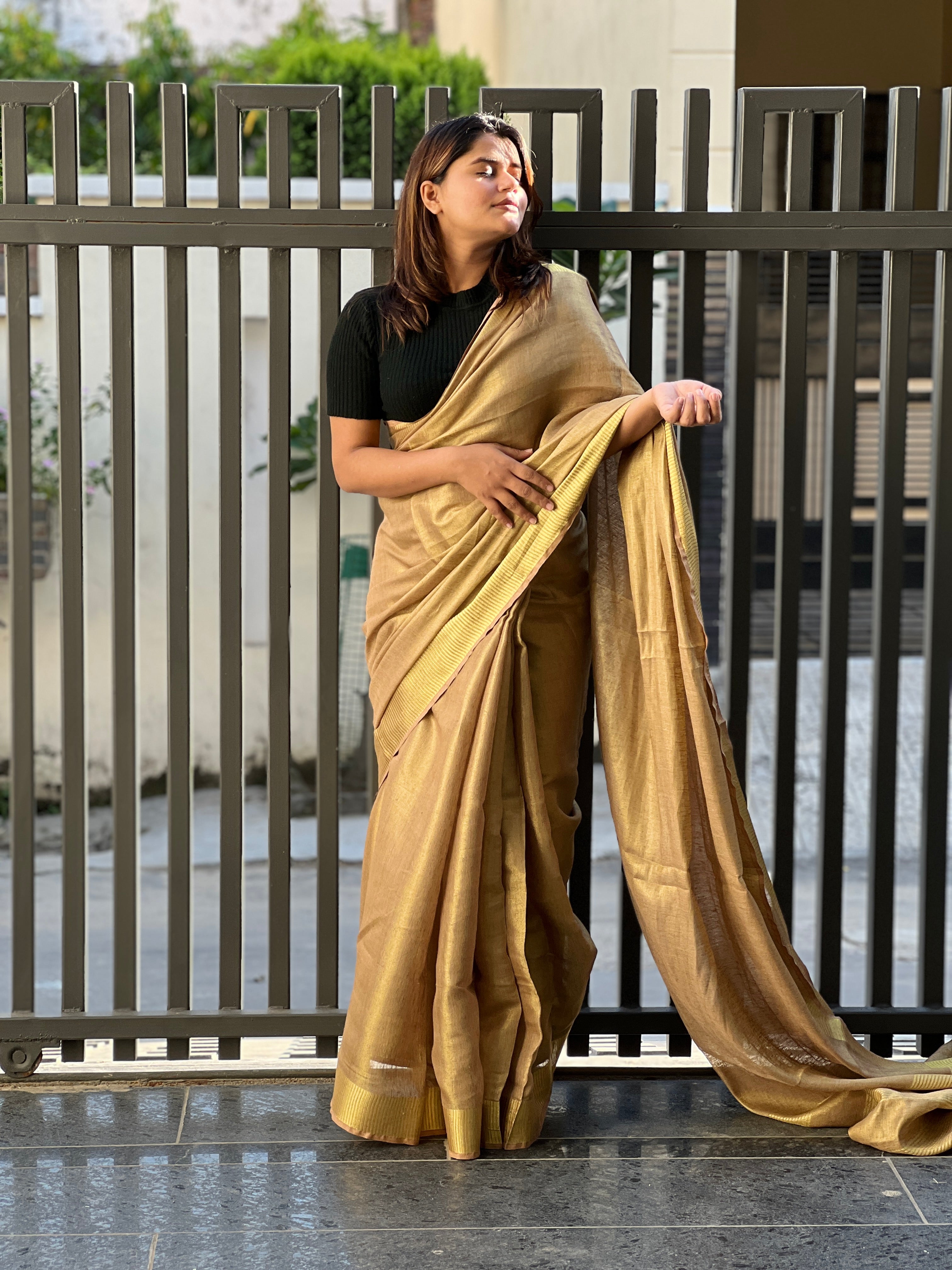 Ziyorah| Hand Dyed Pure Tissue Linen Golden Color Saree With Running Blouse