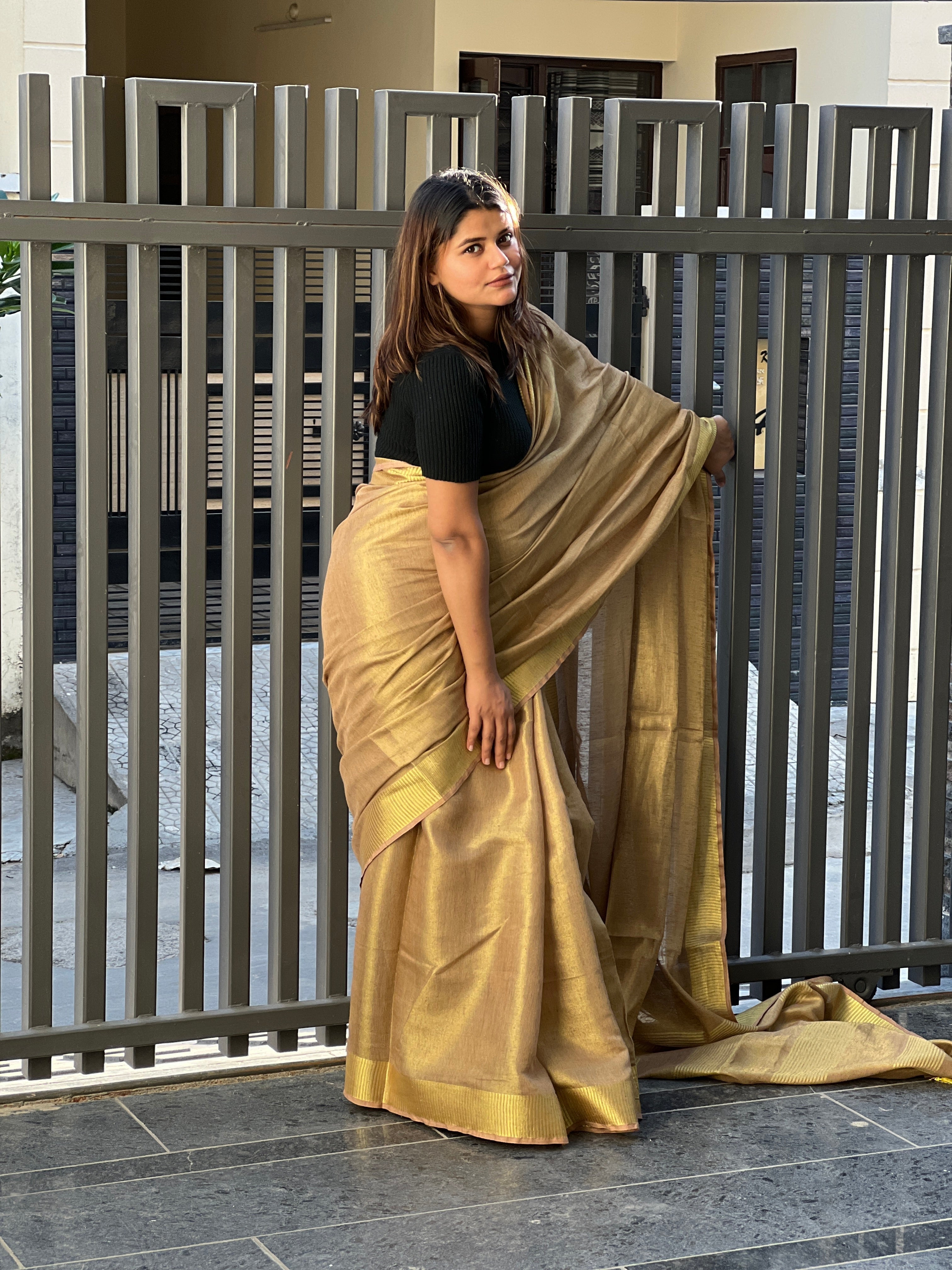 Ziyorah| Hand Dyed Pure Tissue Linen Golden Color Saree With Running Blouse