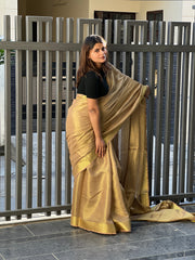 Ziyorah| Hand Dyed Pure Tissue Linen Golden Color Saree With Running Blouse