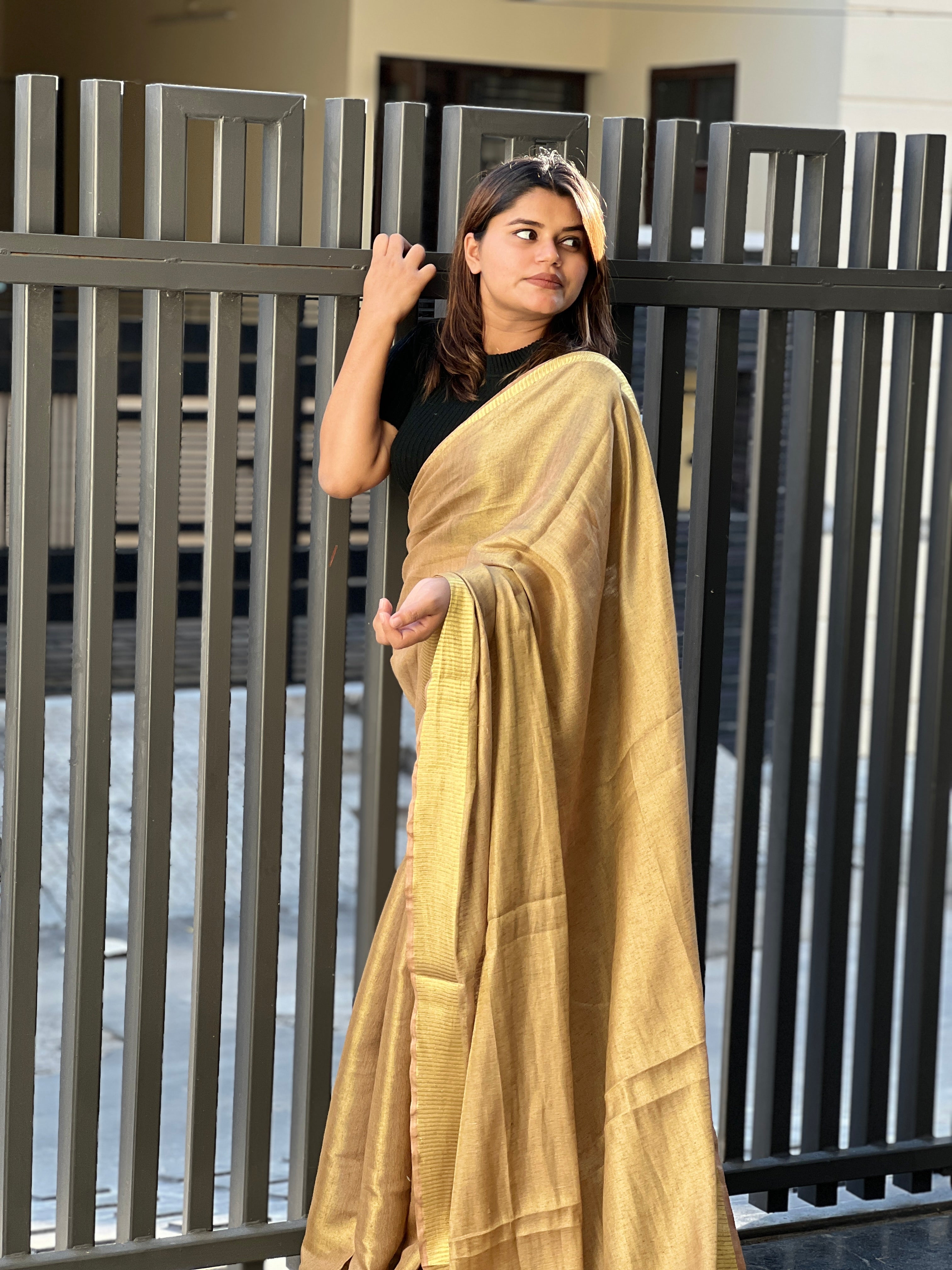 Ziyorah| Hand Dyed Pure Tissue Linen Golden Color Saree With Running Blouse