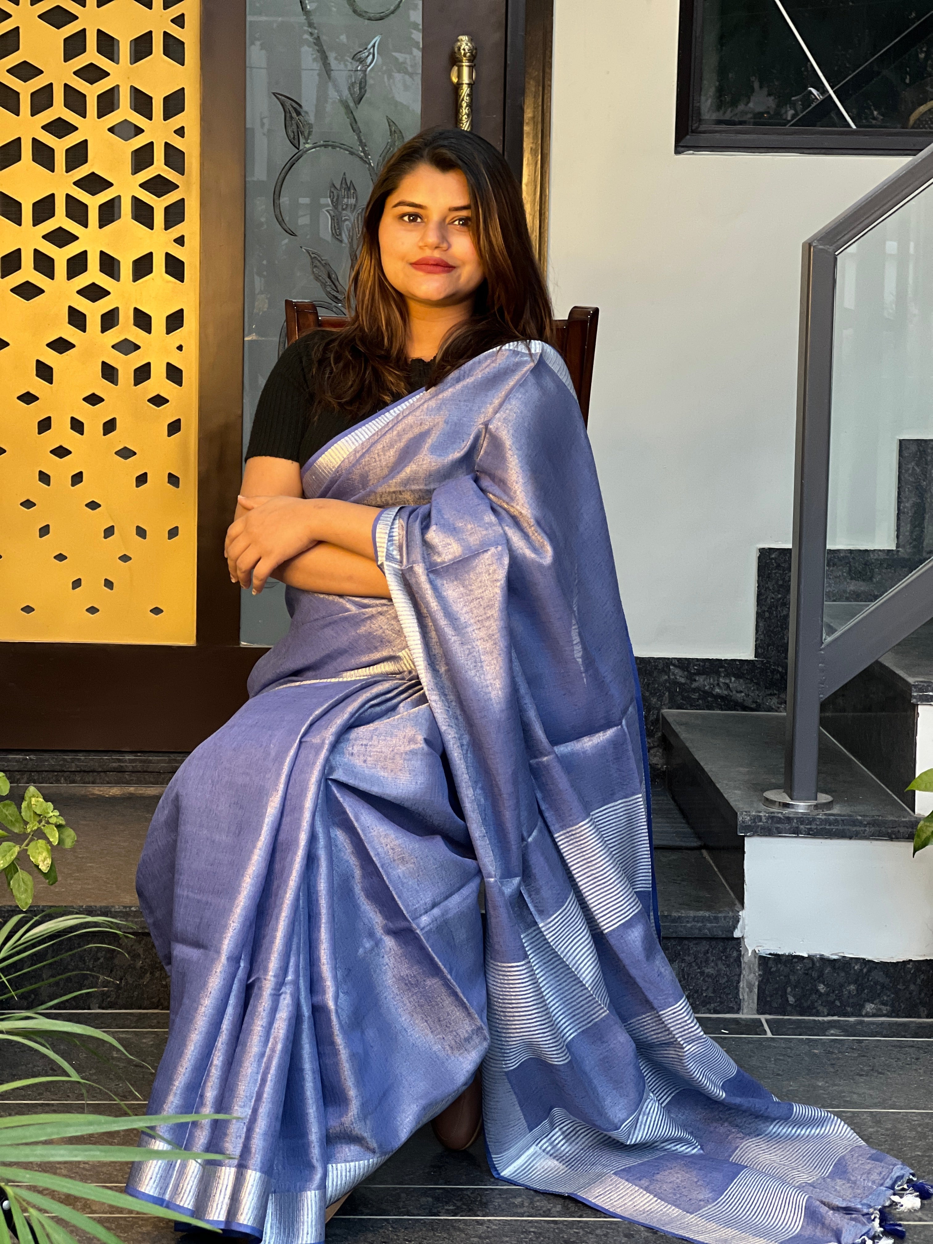 Ziyorah| Hand Dyed Pure Tissue Linen Dark Blue Color Saree With Running Blouse