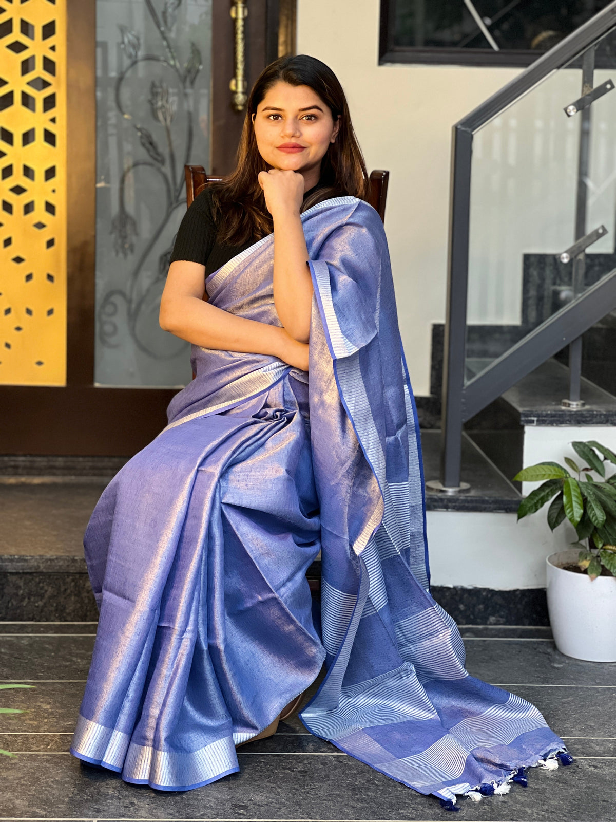 Ziyorah| Hand Dyed Pure Tissue Linen Dark Blue Color Saree With Running Blouse