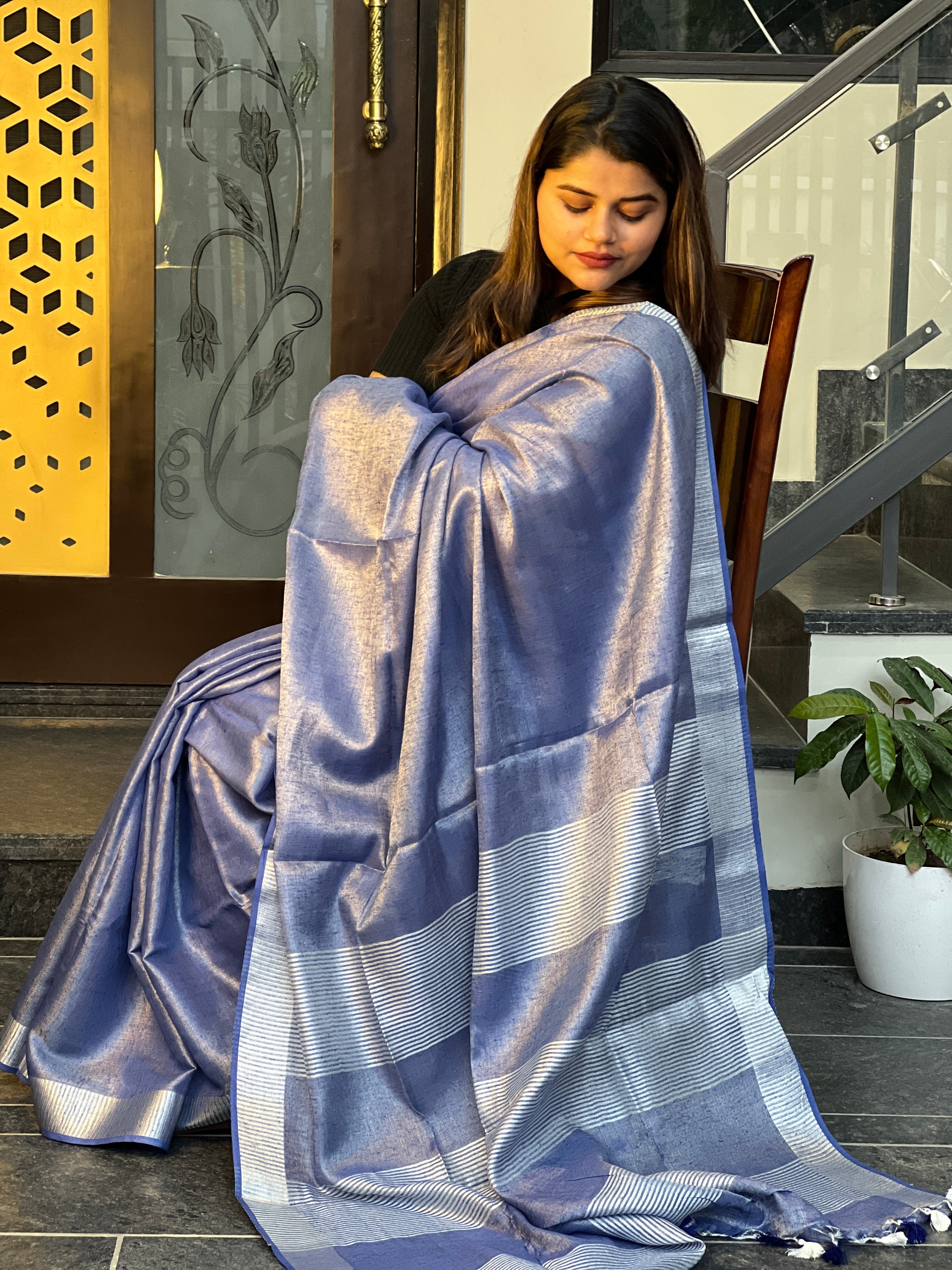 Ziyorah| Hand Dyed Pure Tissue Linen Dark Blue Color Saree With Running Blouse