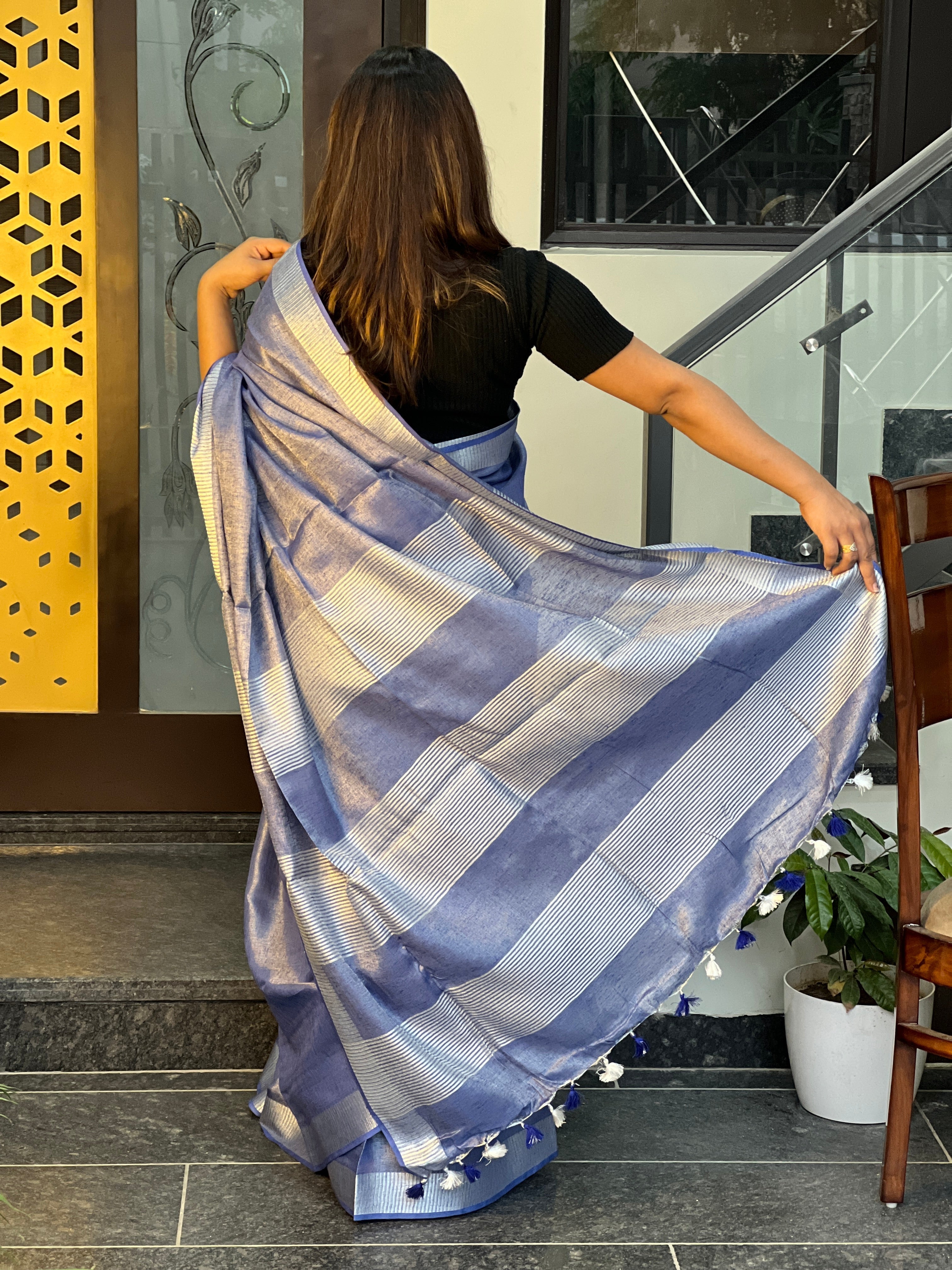 Ziyorah| Hand Dyed Pure Tissue Linen Dark Blue Color Saree With Running Blouse