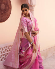 Ziyorah | Silk Linen Banarasi Brocade Pink Saree