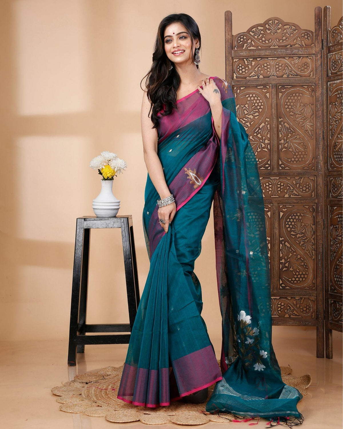 Ziyorah | Handloom Mercerized Cotton Silk Saree Sea Blue Color With Running Blouse