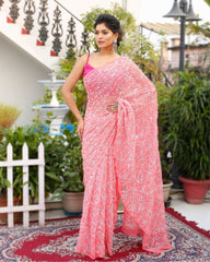 Ziyorah| Georgette Handcrafted Saree Candy Pink Color Tepchi Work With Running Blouse