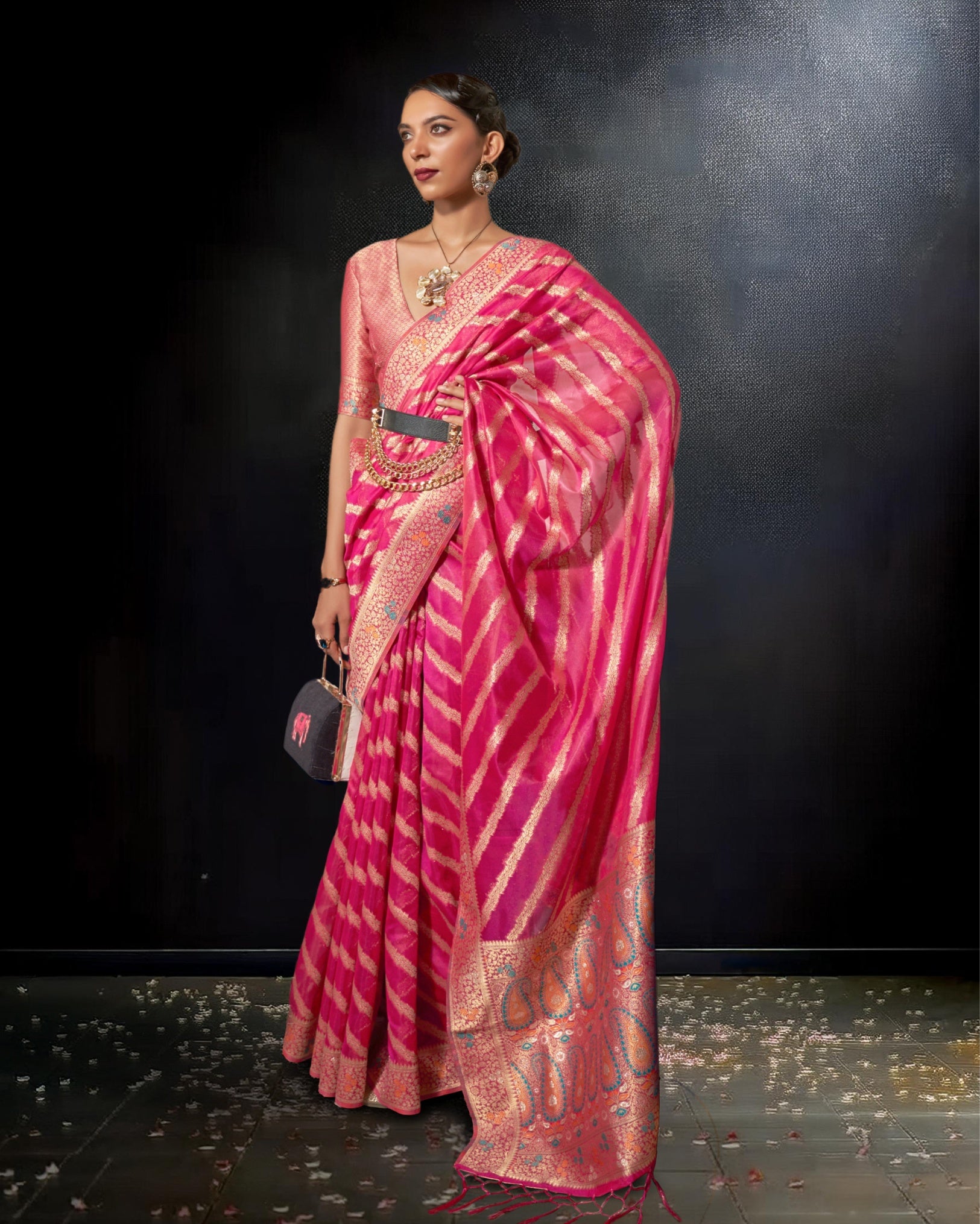 Ziyorah | Organza Silk Meenakari Weaving Pink Saree | Stunning