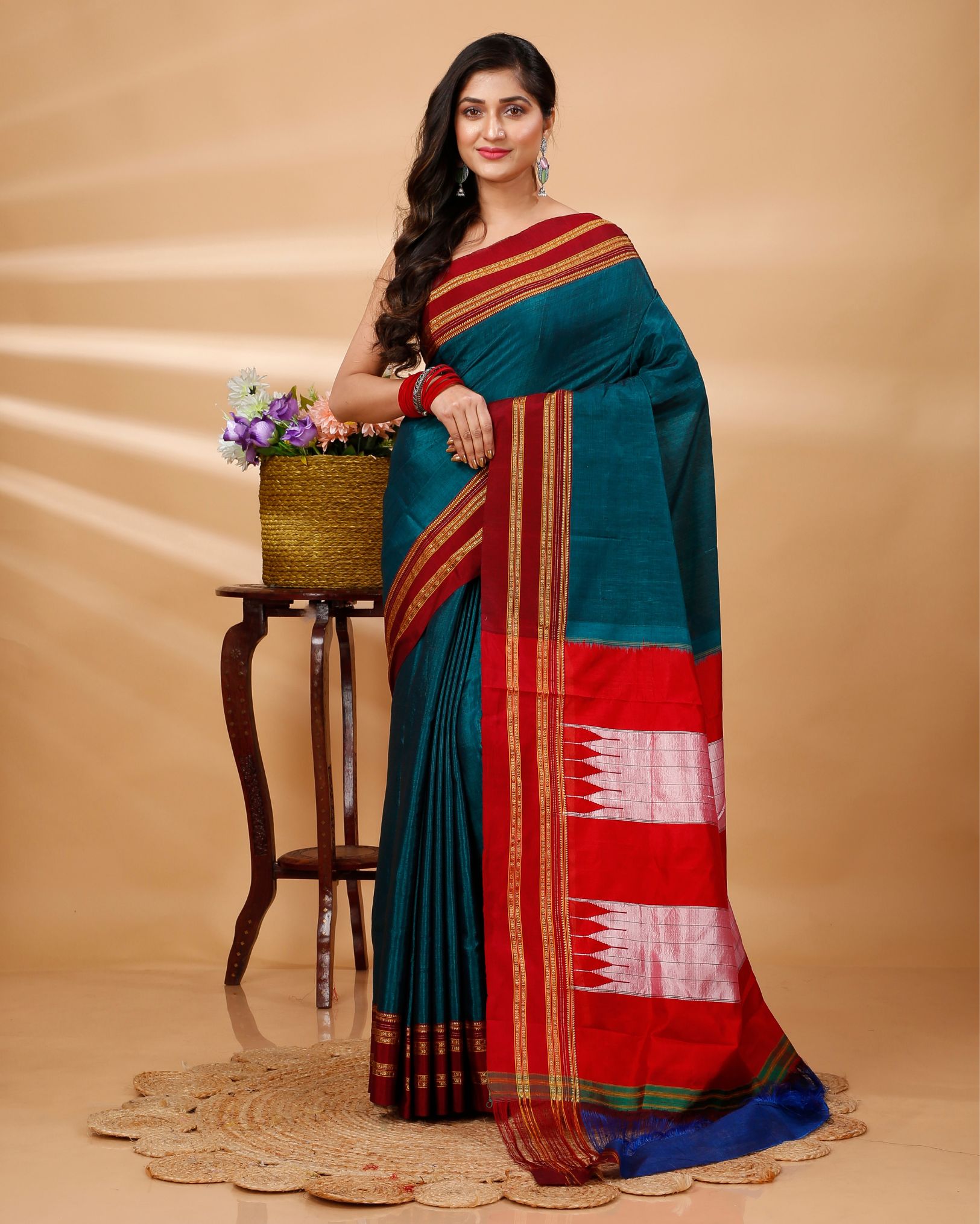 Ziyorah| Ilkal Handloom Cotton Silk Saree Dark Turquoise Color With Running Blouse