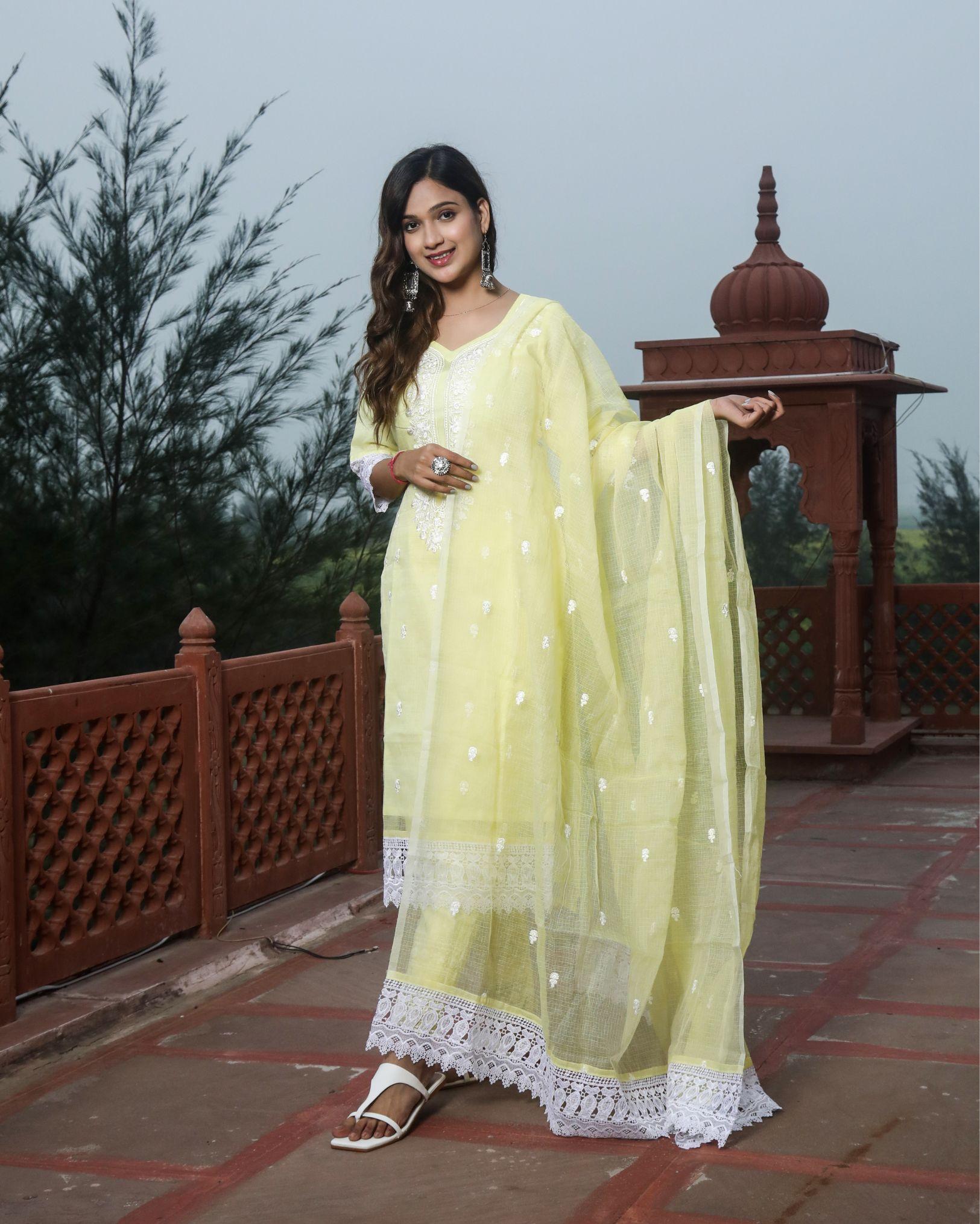 Ziyorah| Kota Doria Yellow Suit Stitch Embroidery 3/4Th Sleeve