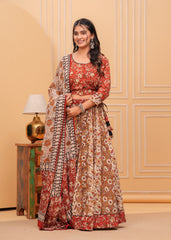 Ziyorah | Blockprinted Brown Lehanga Choli Set