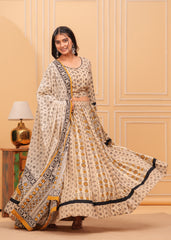 Ziyorah | Blockprinted Beige Lehanga Choli Set