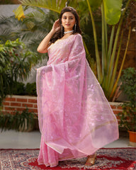 Ziyorah| Pure Cotton Kota Doria Saree Pale Pink Color Jaal Embroidery With Running Blouse