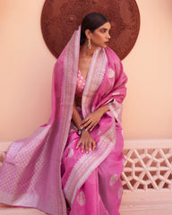 Ziyorah | Silk Linen Banarasi Brocade Pink Saree