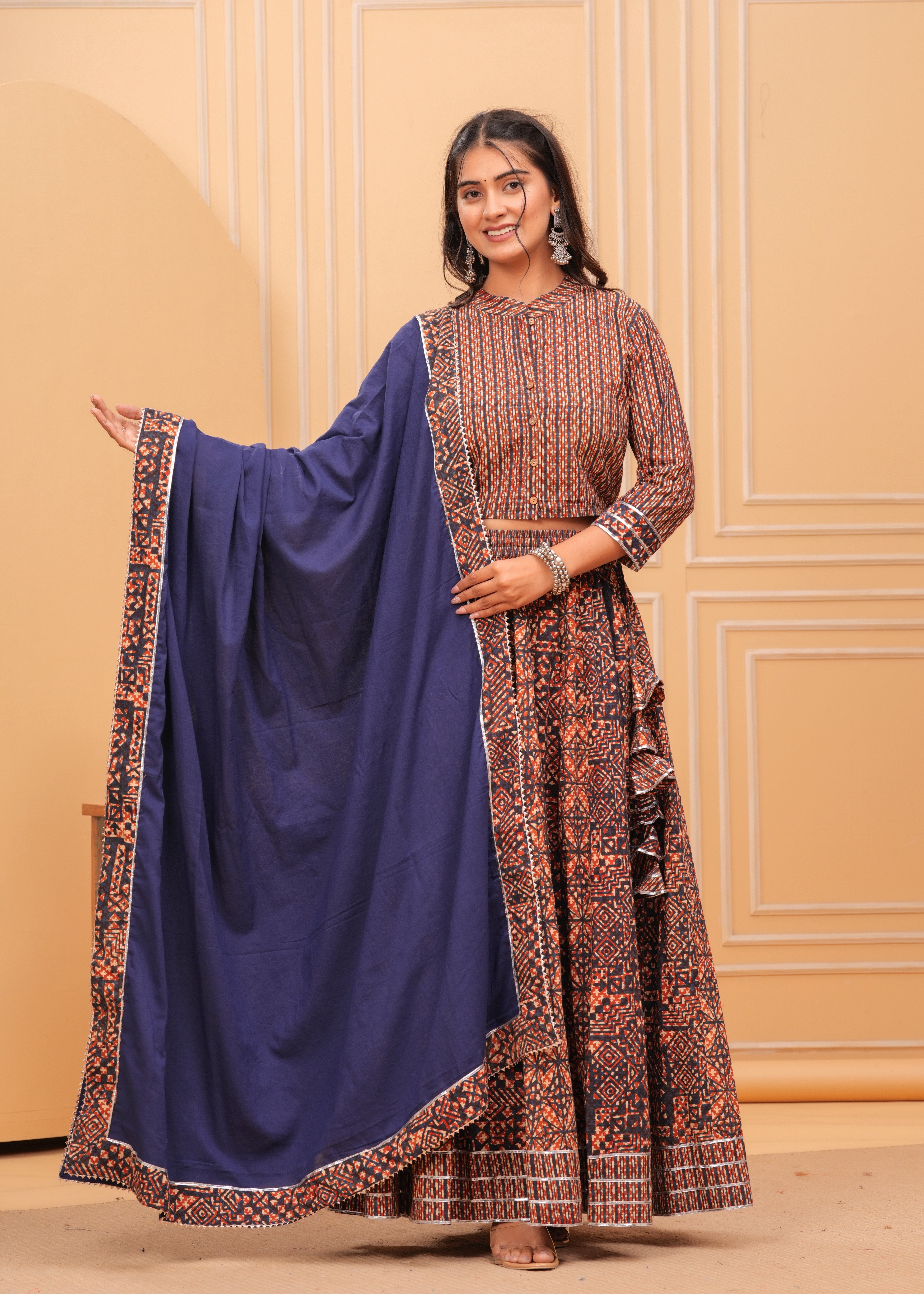 Ziyorah | Blockprinted Brown & Blue Lehanga Choli Set