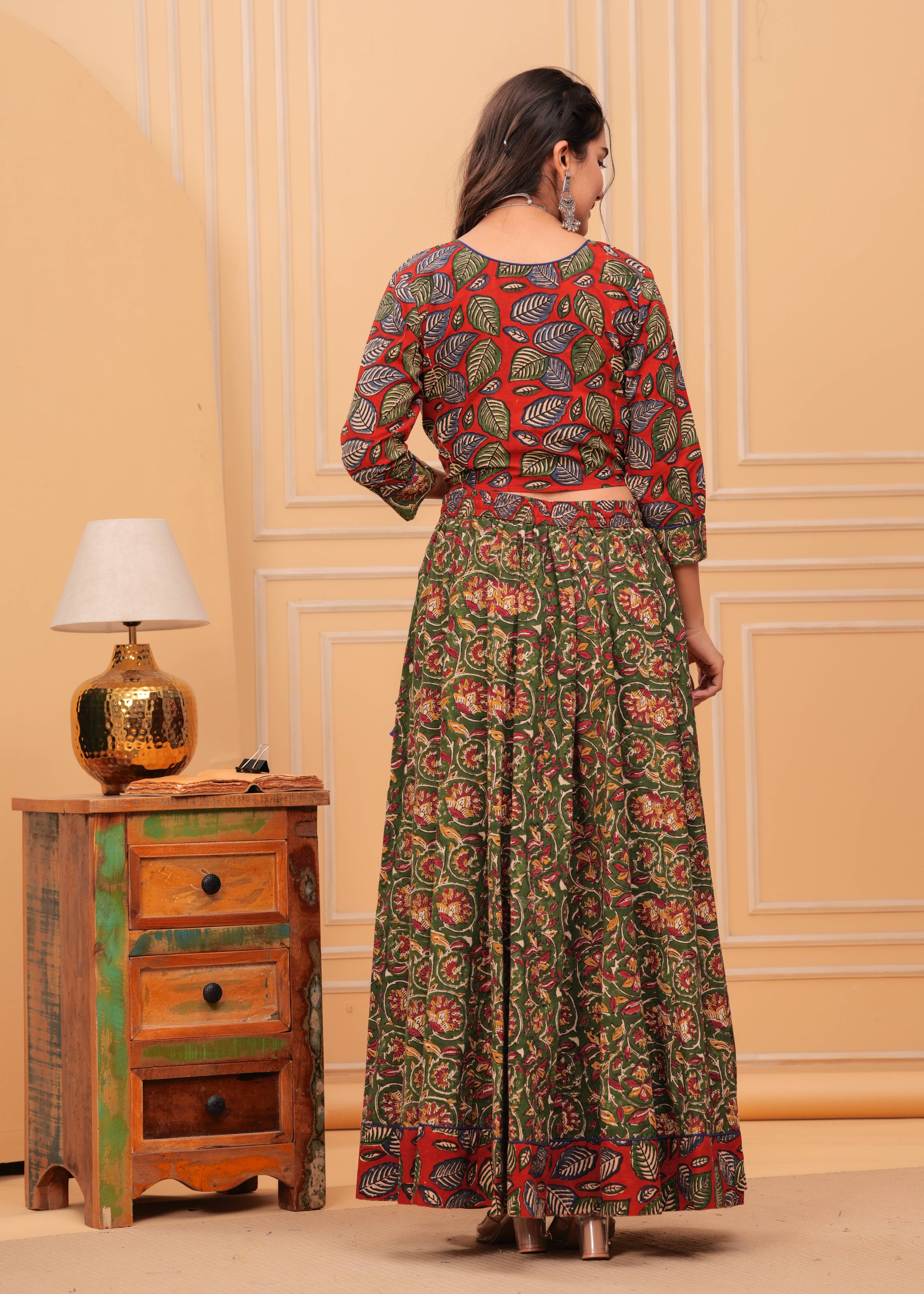 Ziyorah | Blockprinted Green & Red Lehanga Choli Set