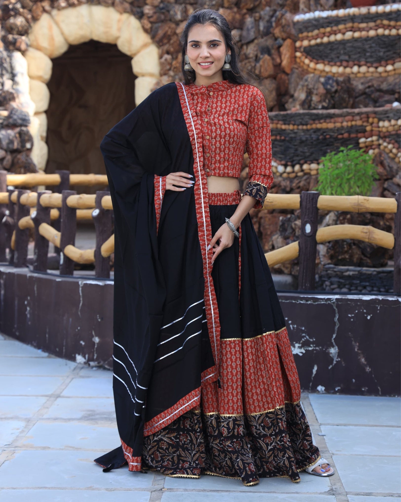 Ziyorah | Blockprinted Cotton Black & Brown Lehanga Choli Set