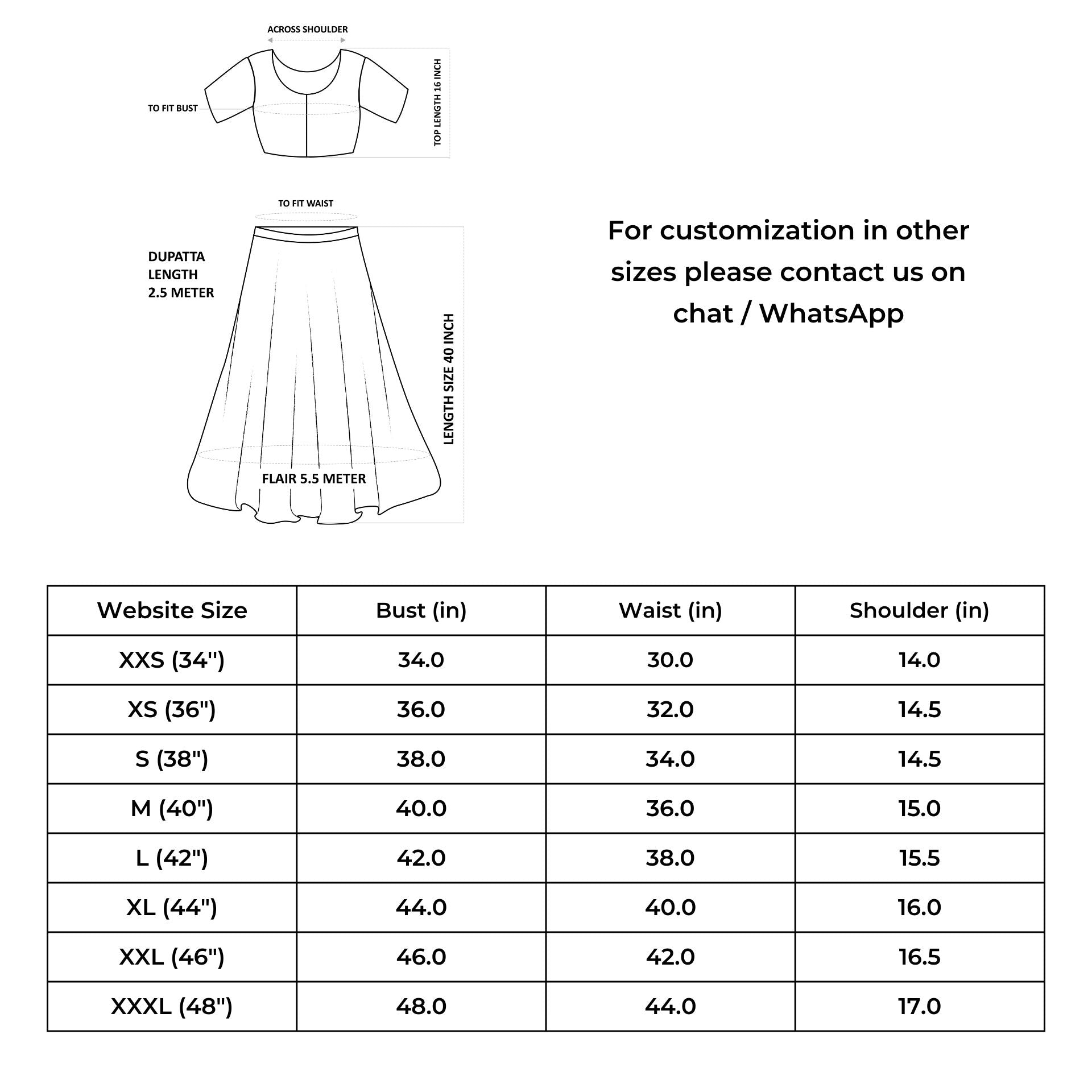 Size chart for Ziyorah products - Lehanga Sets