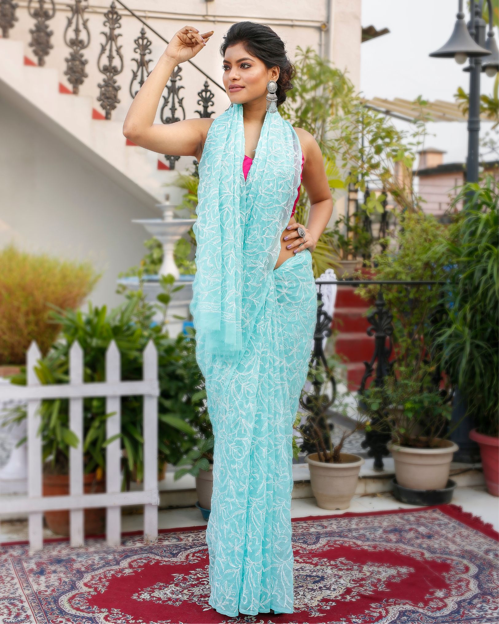 Ziyorah| Georgette Handcrafted Saree Light Blue Color Tepchi Work With Running Blouse