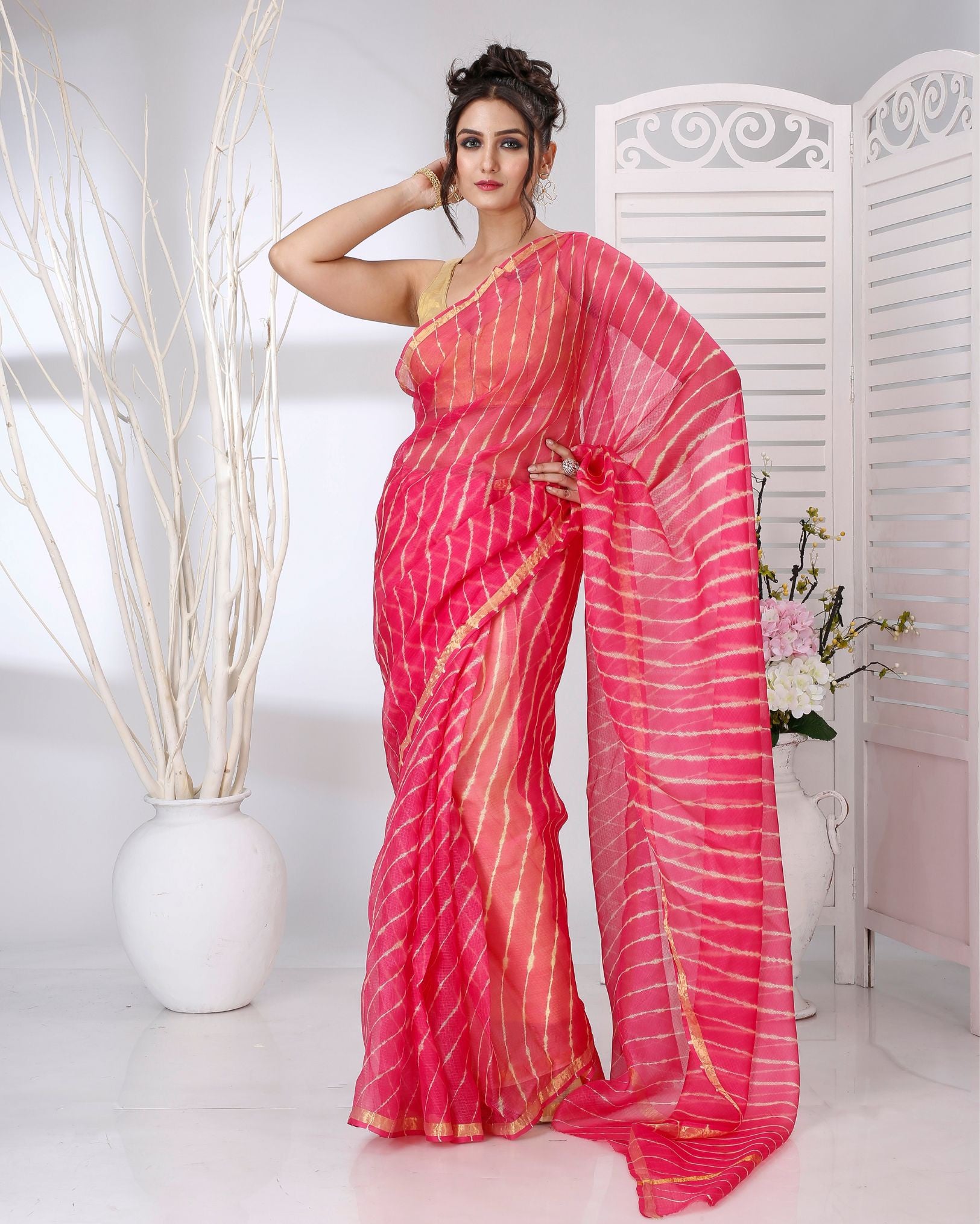 Ziyorah | Kota Silk Pink Leheriya Saree With Running Blouse