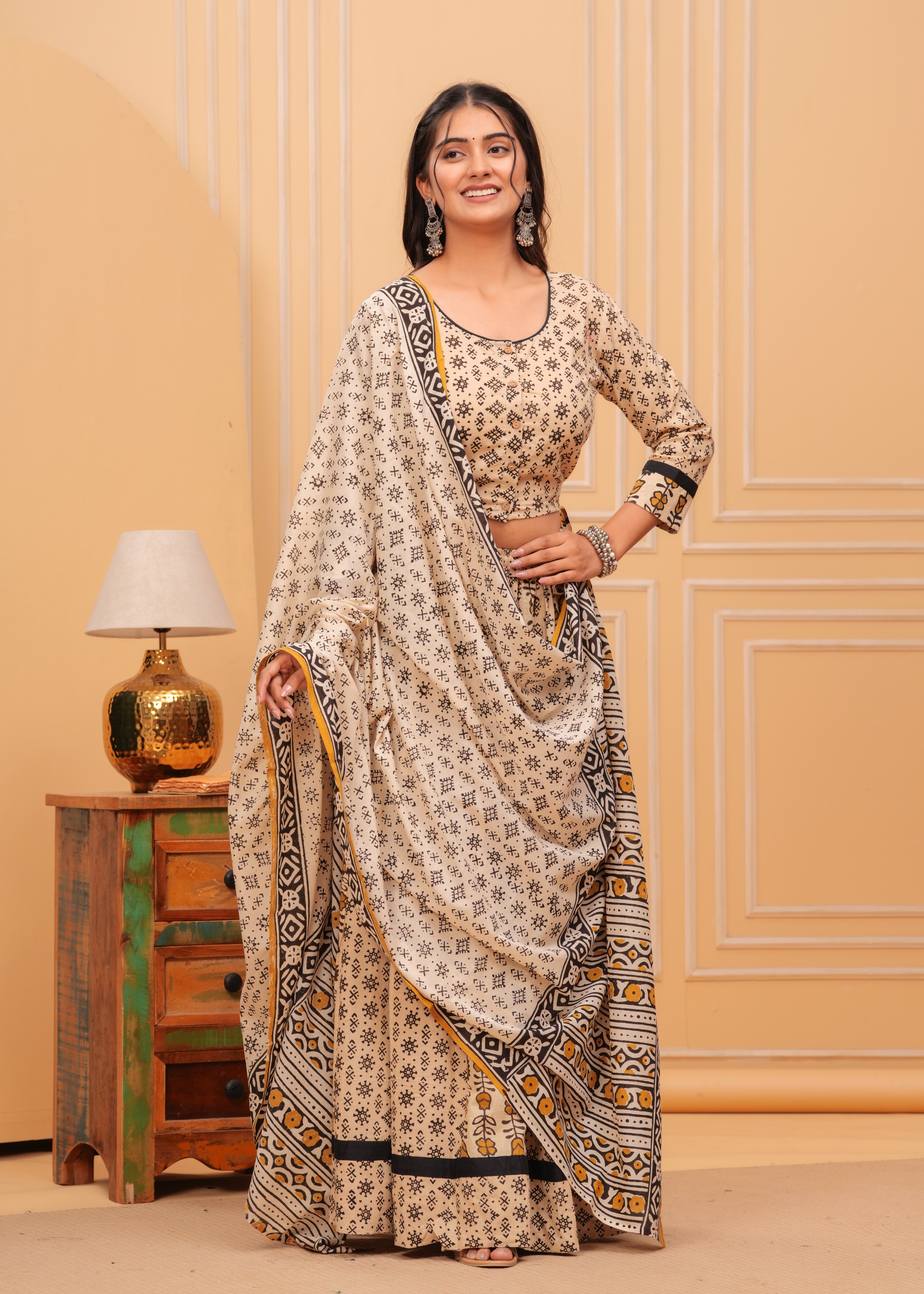 Ziyorah | Blockprinted Beige Lehanga Choli Set