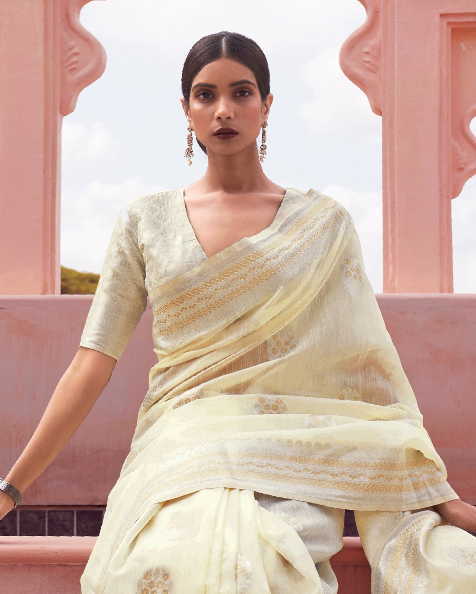 Ziyorah | Silk Linen Banarasi Brocade Yellow Saree