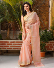 Ziyorah| Pure Silk Kota Doria Saree Peach Color Allover Hand Pitta Work With Running Blouse