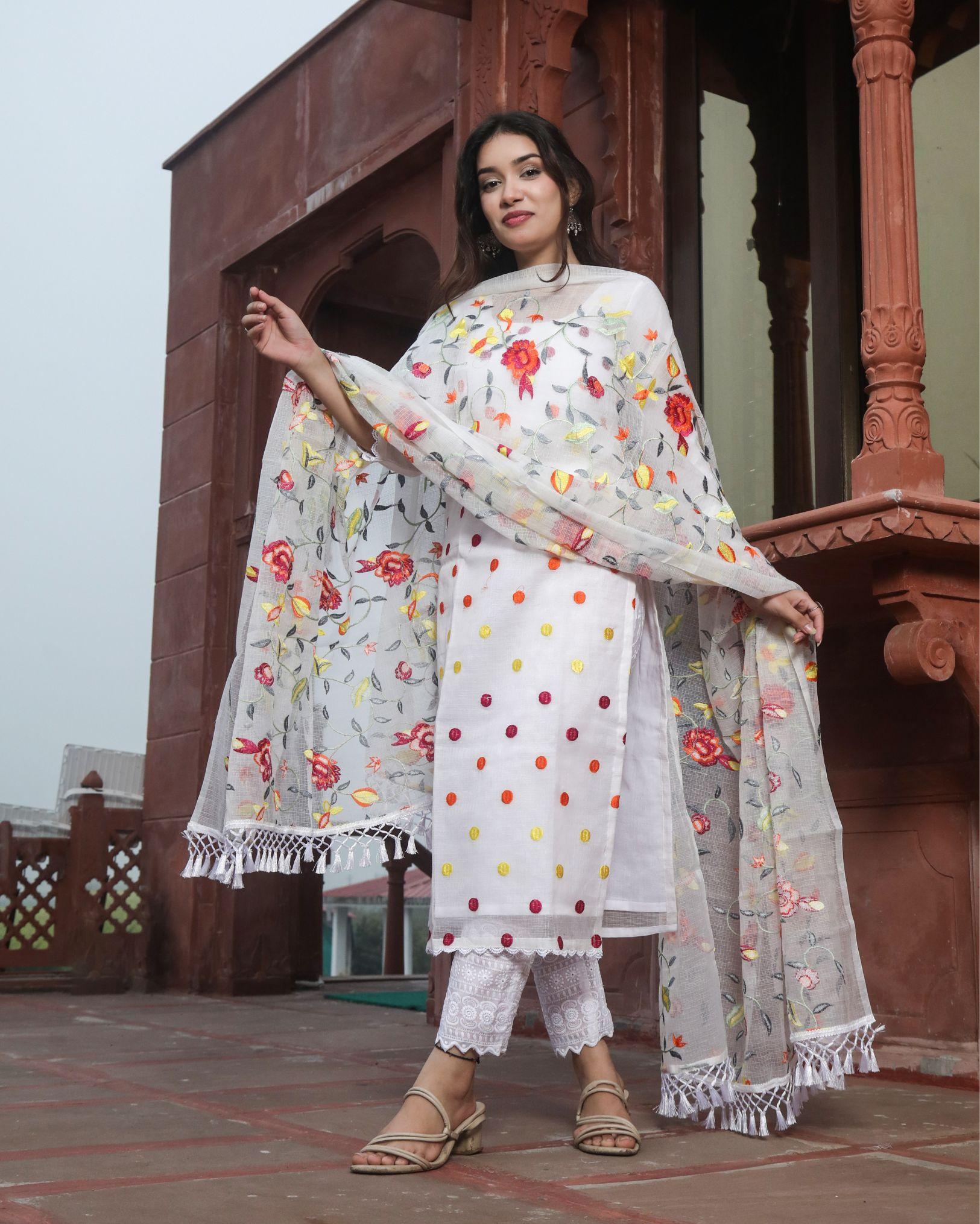 Ziyorah| Kota Doria White Suit Stitch Embroidery 3/4Th Sleeve