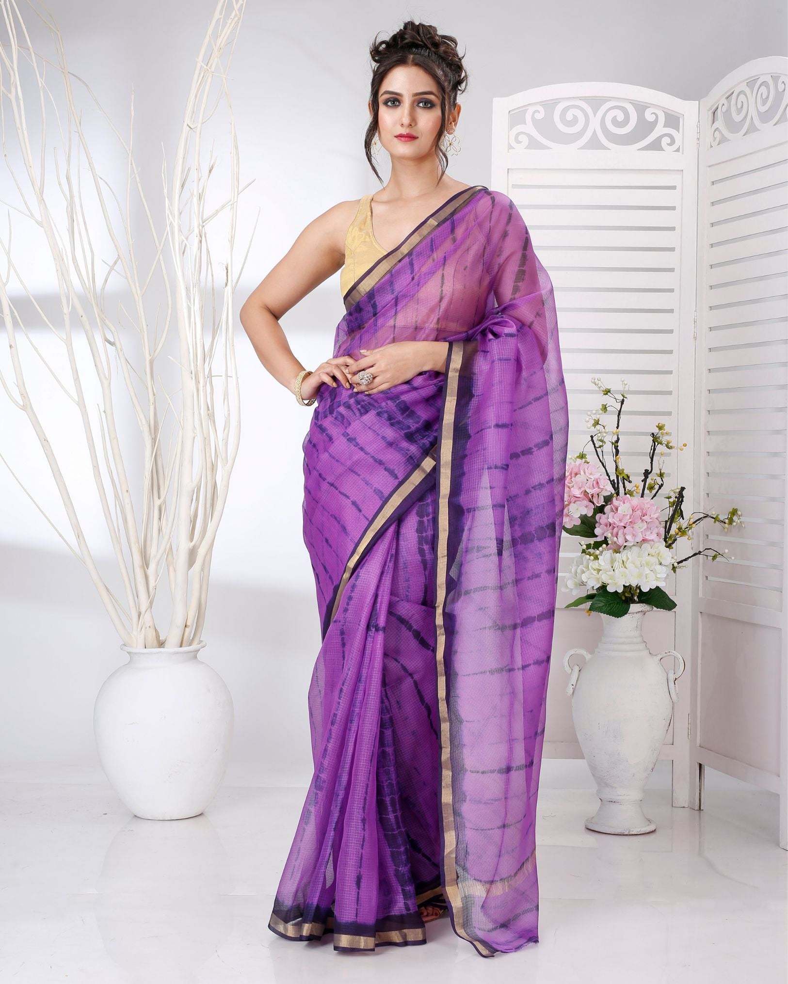 Ziyorah | Kota Doria Purple Saree Shibori Tye Dye With Running Blouse