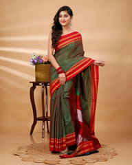 Ziyorah| Ilkal Handloom Cotton Silk Saree Fern Green Color With Running Blouse