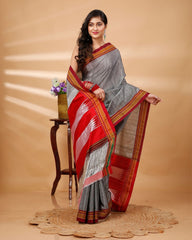 Ziyorah| Ilkal Handloom Cotton Silk Saree Gray Color With Running Blouse