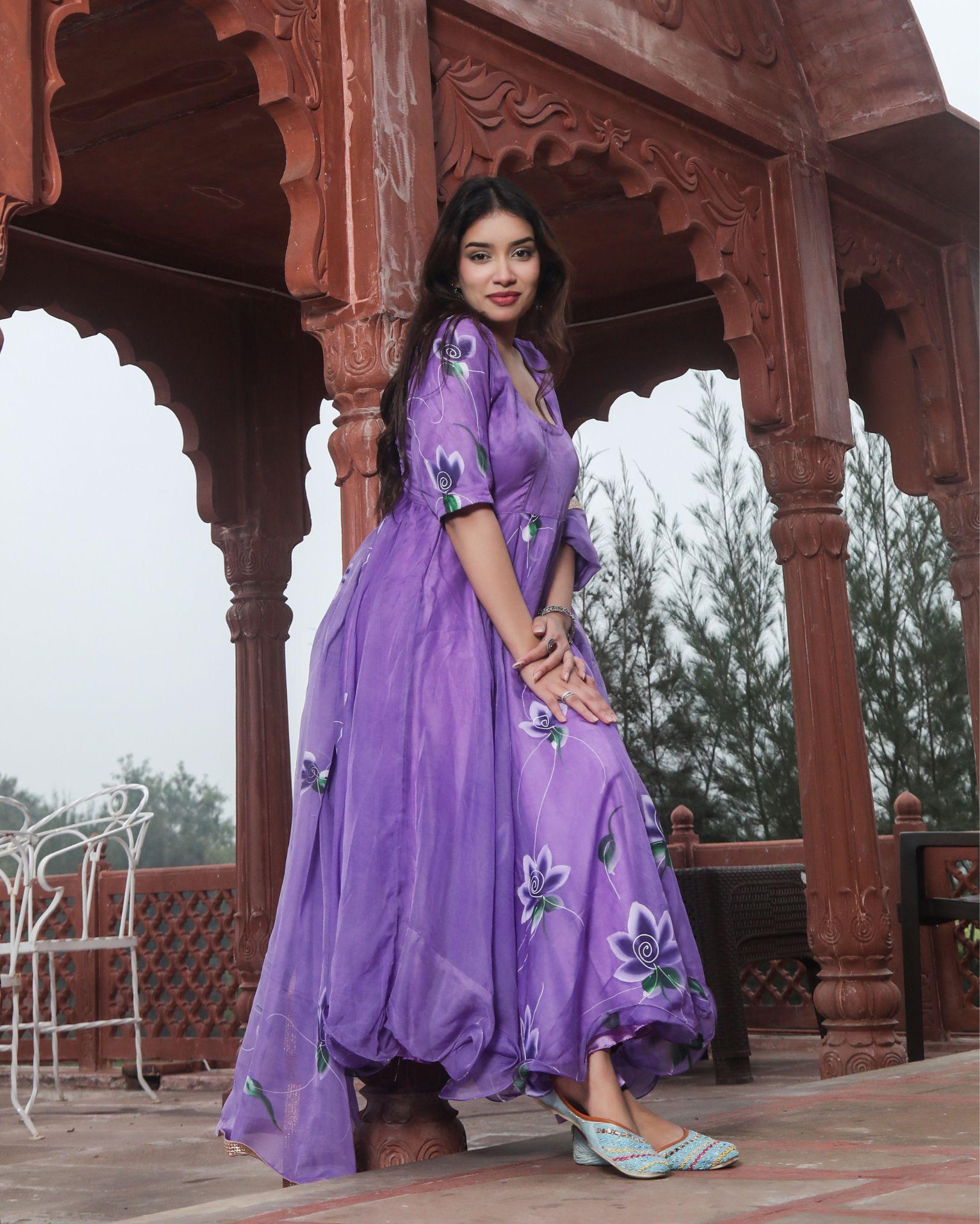 Ziyorah| Organza Purple Suit Hand Painted Three Quarter Length Sleeve