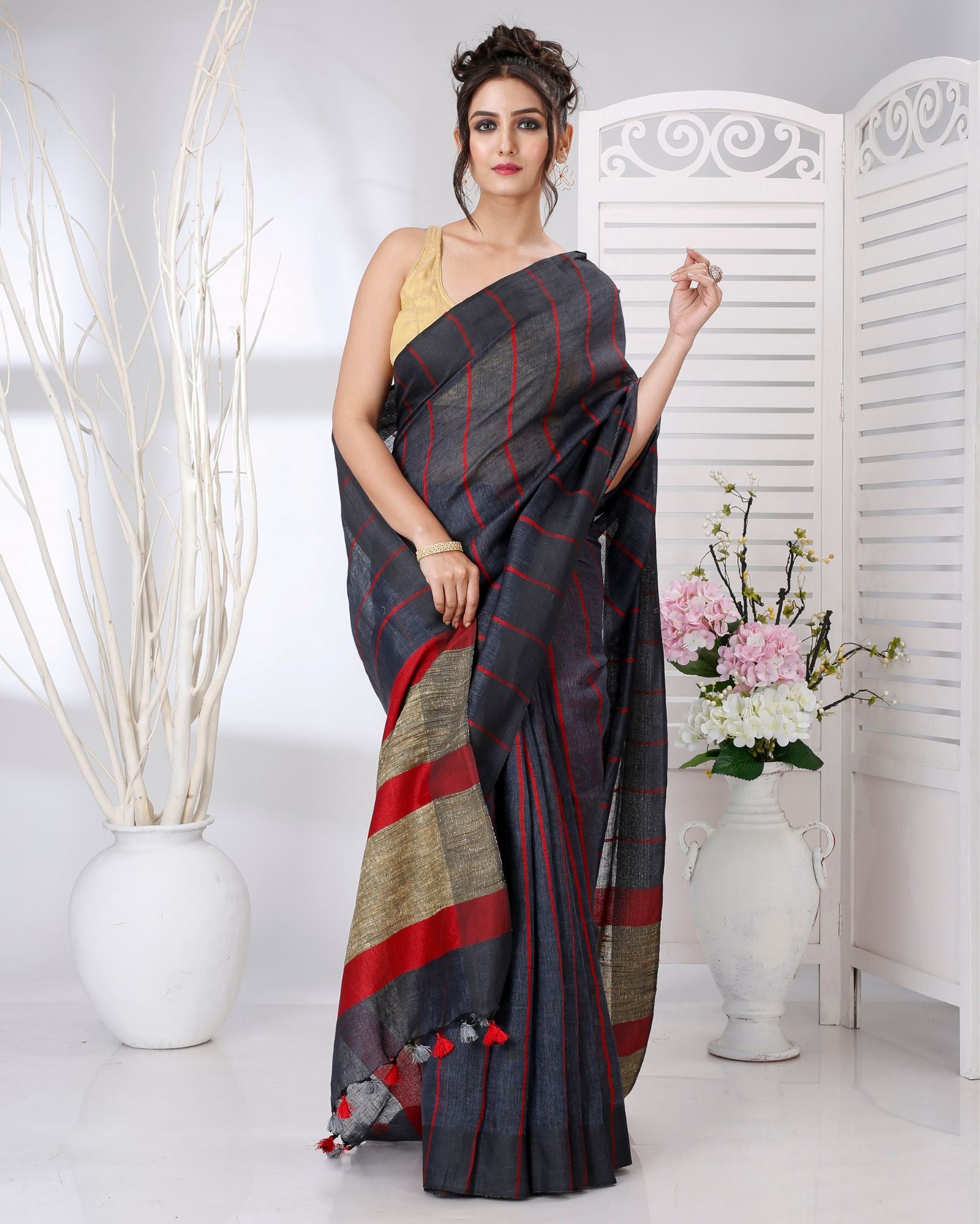 Ziyorah | Pure Linen Purple Saree Striped Design With Running Blouse