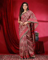 Ziyorah | Kashmiri Silk Printed Red Saree