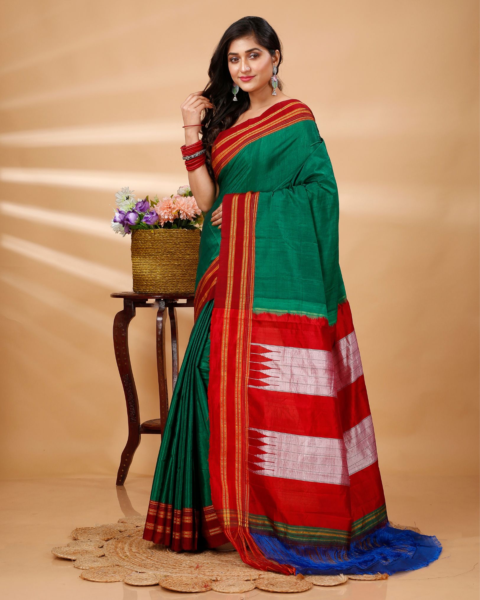 Ziyorah| Ilkal Handloom Cotton Silk Saree Dark Green Color With Running Blouse