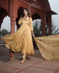 Ziyorah| Organza Honey Yellow Suit Hand Painted Three Quarter Length Sleeve