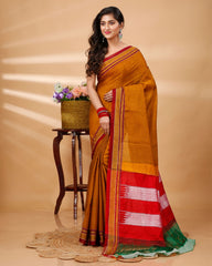 Ziyorah| Ilkal Handloom Cotton Silk Saree Mustard Orange Color With Running Blouse