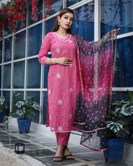 Ziyorah| Kota Doria Pink Suit Stitch Embroidery 3/4Th Sleeve