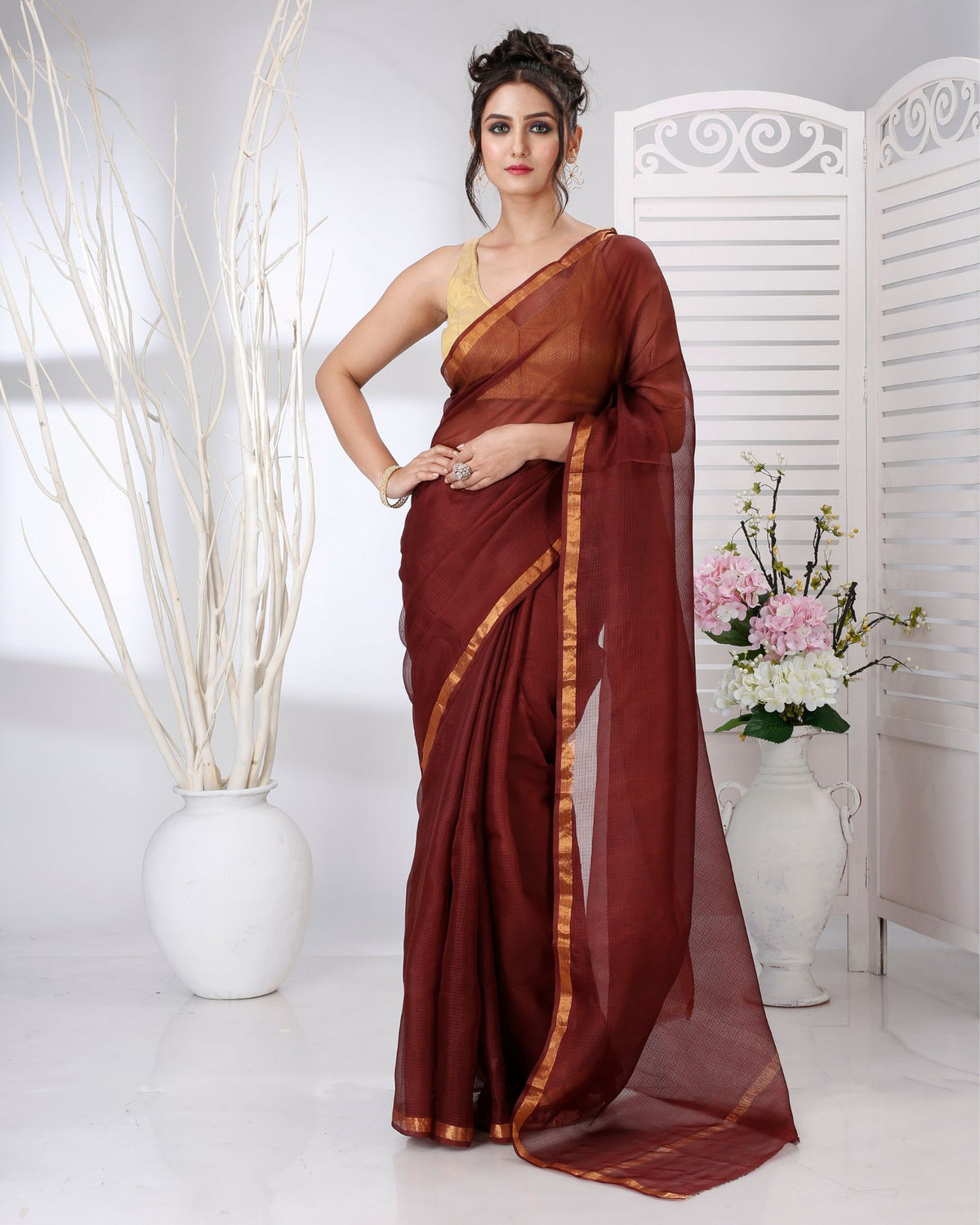 Ziyorah | Kota Silk Maroon Saree Plain With Running Blouse